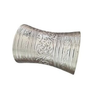 Silver Tone Etched Floral Scroll Wide Statement Cuff Bracelet Boho Tribal Style